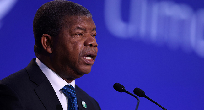 In this file photo taken on November 02, 2021 Angola's President Joao Lourenco makes a national statement on the second day of the COP26 UN Climate Summit in Glasgow. (Photo by Adrian DENNIS / POOL / AFP)