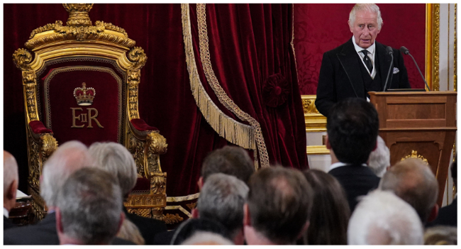 Britain's King Charles III speaks during a meeting of the Accession Council in the Throne Room inside St James's Palace in London on September 10, 2022, to proclaim him as the new King.
