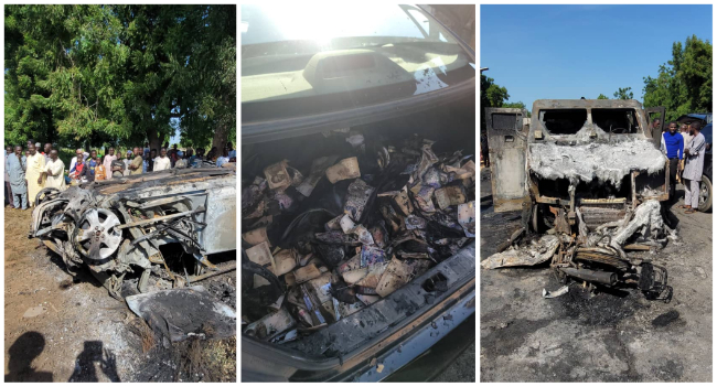 This combination of photos shows the charred remains of a bullion van involved in a crash in Kebbi state on September 27, 2022.