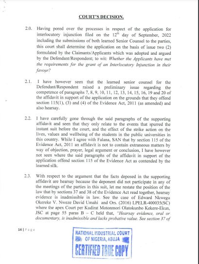 Decision of Industrial Court Ordering ASUU To End Strike (Full Details)