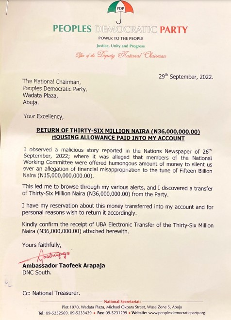 Taofeek Arapaja's letter was dated September 29.