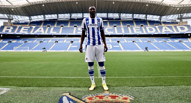 Nigerian Striker, Umar Sadiq unveiled at the Reale Arena after his €20 million move from Almeria to Real Sociedad in the Spanish La Liga on transfer deadline day. Credit: Real Sociedad