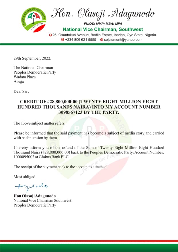 This letter signed by Olasoji Adagunodo was addressed to the PDP National Chairman.