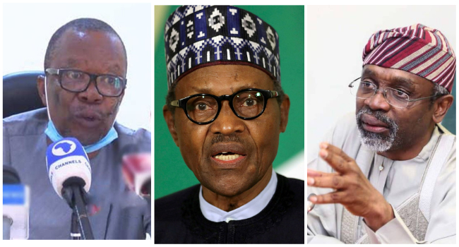 A photo combination of ASUU President, Emmanuel Osodeke, President Muhammadu Buhari and Speaker of the House of Representatives, Femi Gbajabiamila.