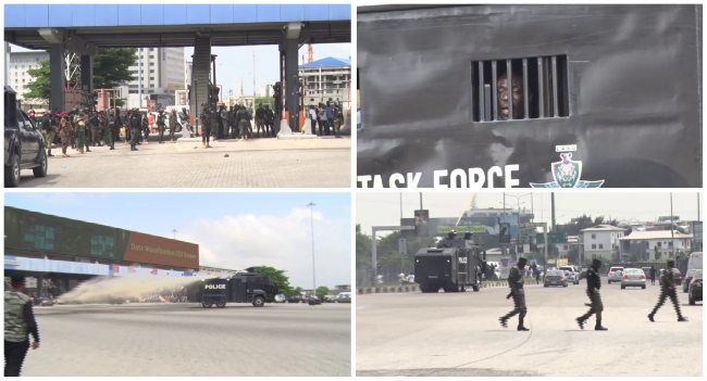 This collage shows scenes at the Lekki Toll Gate on October 20, 2022, as police disperse protesters.