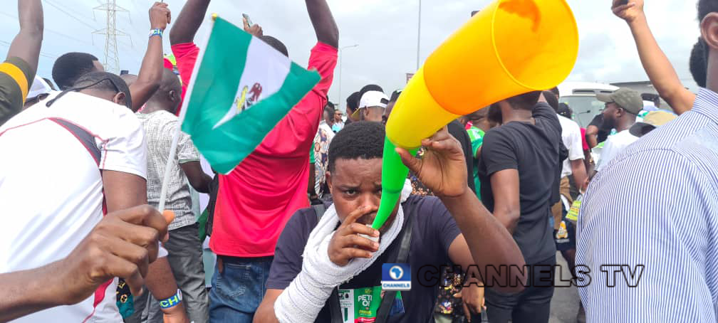 Supporters of presidential candidate of the Labour Party Peter Obi and running mate Datti Baba-Ahmed march during a campaign rally in Lagos, on October 1, 2022. Dare Idowu/Channels Television