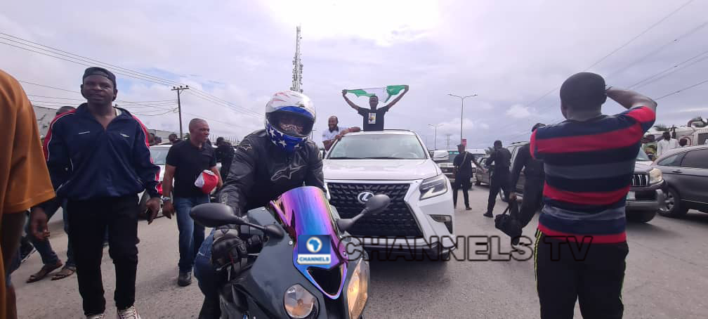 Supporters of presidential candidate of the Labour Party Peter Obi and running mate Datti Baba-Ahmed march during a campaign rally in Lagos, on October 1, 2022. Dare Idowu/Channels Television