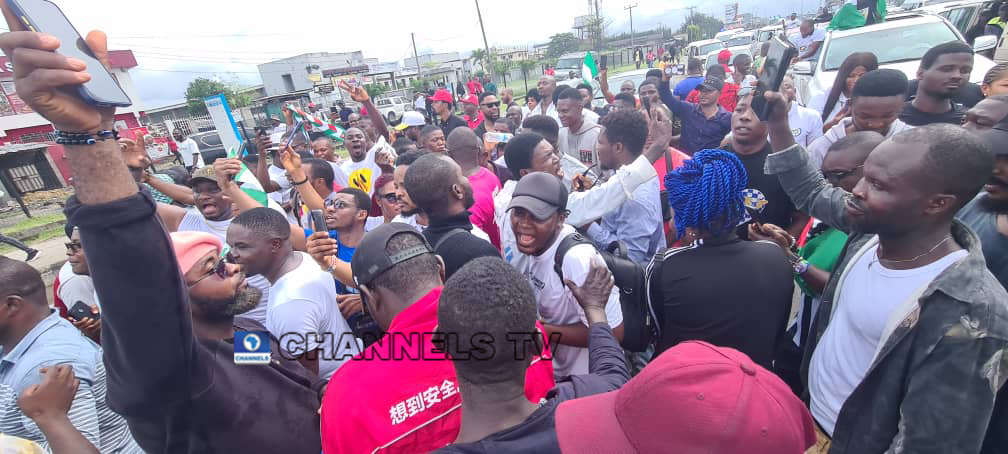 Supporters of presidential candidate of the Labour Party Peter Obi and running mate Datti Baba-Ahmed march during a campaign rally in Lagos, on October 1, 2022. Dare Idowu/Channels Television