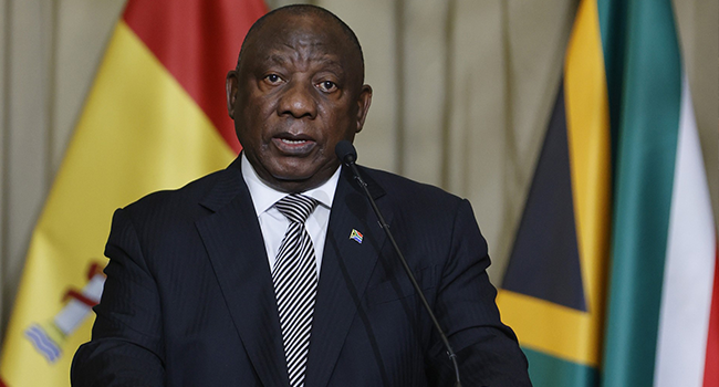 South Africa's President Cyril Ramaphosa conducts a joint press conference with Spain's Prime Minister Pedro Sanchez (unseen) during the state visit of the Spanish Prime Minister at the Union Buildings in Pretoria, on October 27, 2022. (Photo by Phill Magakoe / POOL / AFP)