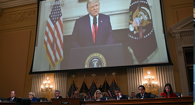 A video is shown of former US President Donald Trump at the US House Select Committee hearing to Investigate the January 6 Attack on the US Capitol, on Capitol Hill in Washington, DC, on October 13, 2022. (Photo by MANDEL NGAN / AFP)