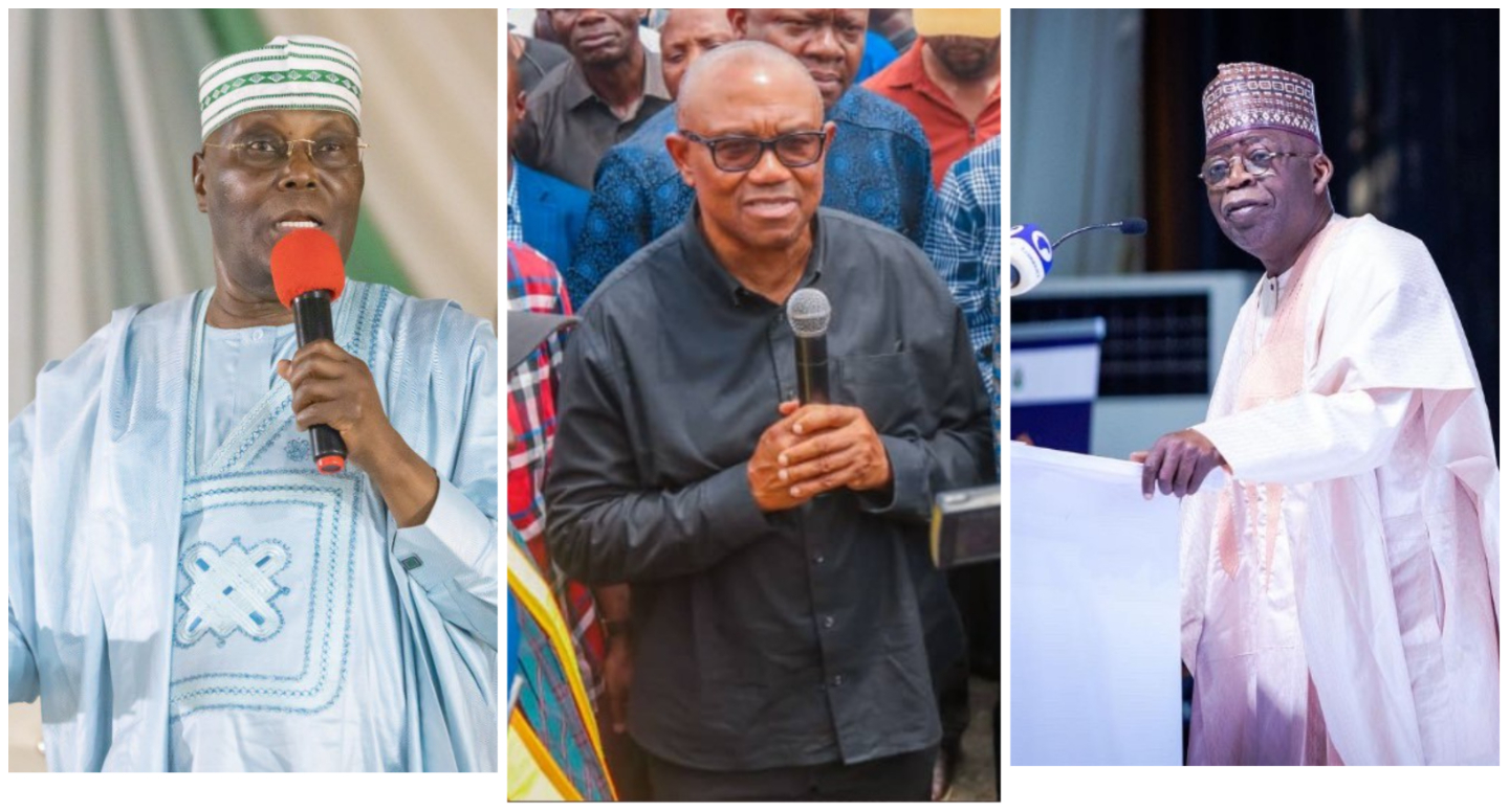 This combination photo shows the Presidential candidates of the Labour Party, Mr Peter Obi (C); All Progressives Congress, Mr Bola Tinubu (R); and Peoples Democratic Party, Mr Atiku Abubakar (L).