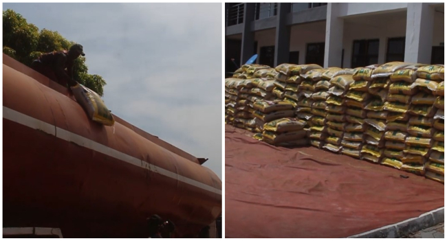 This photo combination created on November 4, 2022 shows rice loaded into a petrol tanker along Nigeria-Cameroon border.