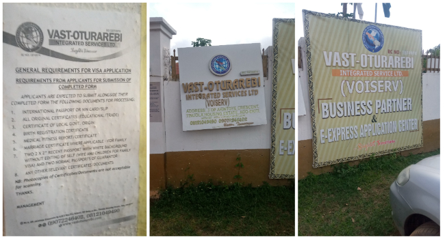 This photo combination shows a document belonging to Vast Oturarebi Integrated Services, a company alleged to have swindle thousands of Nigerians and the company's sign-post in Ekiti