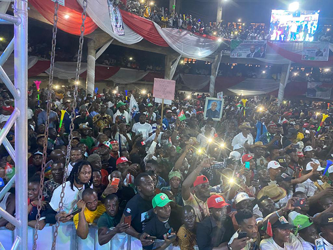 A large number of people spilled into the streets on Friday as presidential candidate of the Labour Party, Peter Obi, visited Edo state.  Mr Obi, who had been in Abia State on Thursday, said he was grateful for the reception.  "What an awesome and OBIdient crowd in Benin," he said in a tweet. "I am deeply humbled by Edo people's show of love and support."  In Benin-City, Mr Obi visited the Oba of Benin.   He was also pictured with popular cleric, Apostle Johnson Suleman.
