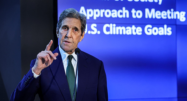 US Special Presidential Envoy for Climate John Kerry speaks at the opening of the US Pavilion during the COP27 climate conference at the Sharm el-Sheikh International Convention Centre, in Egypt's Red Sea resort city of the same name, on November 8, 2022. (Photo by AHMAD GHARABLI / AFP)