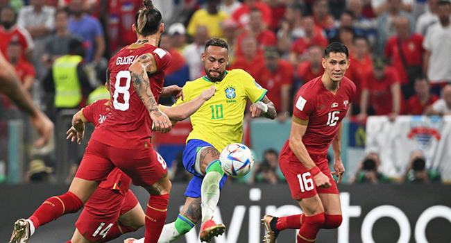 Brazil's forward #10 Neymar (2nd R) controls the ball during the Qatar 2022 World Cup Group G football match between Brazil and Serbia at the Lusail Stadium in Lusail, north of Doha on November 24, 2022. (Photo by NELSON ALMEIDA / AFP)