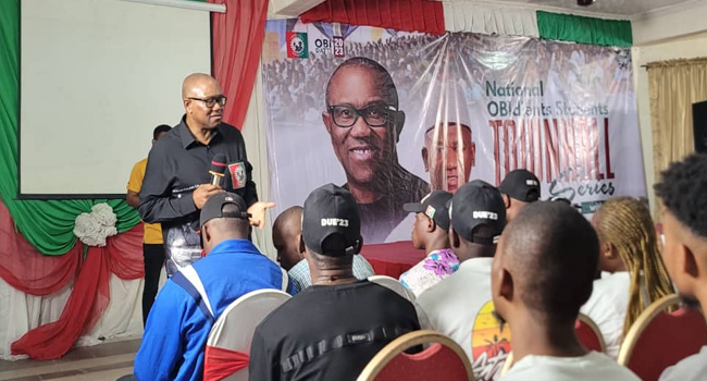 Presidential candidate of the Labour Party (LP) Peter Obi meeting with Youth and University students in Uyo, the Akwa Ibom State Capital