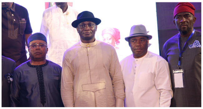 R-L: The Minister of Niger Delta Affairs, Obong Umana Okon Umana; the NDDC Managing Director, Chief Dr. Samuel Ogbuku; the Permanent Secretary of the Ministry, Engr. Adebiyi Olufunsho and the NDDC Executive Director, Projects, Mr. Charles Ogunmola, during the Board and Management Retreat at the Ibom Icon Hotels and Golf Resort in Uyo, Akwa Ibom State.