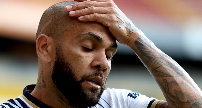 (FILES) In this file photo taken on September 4, 2022 Pumas' Brazilian defender Dani Alves gestures during the Mexican Apertura tournament football match against Atlas at the Jalisco stadium in Guadalajara, Jalisco State, Mexico.