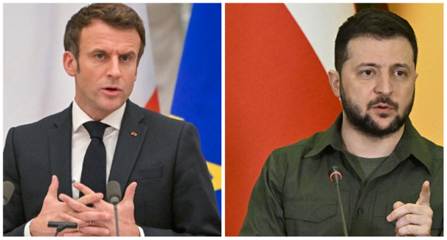 A photo collage of Macron and Zelensky