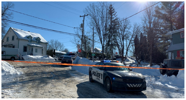 Laval, Canada, Police secure the scene where a city bus crashed into a day care center on February 8, 2023.  (Photo by Anne-Sophie THILL / AFP)