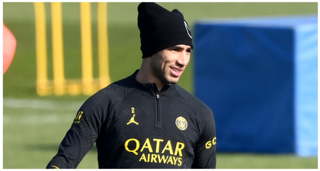 Paris Saint-Germain's Moroccan defender Achraf Hakimi looks on during a training session at club's training ground in Saint-Germain-en-Laye, west of Paris on March 3, 2023, on the eve of the L1 football match against Nantes.