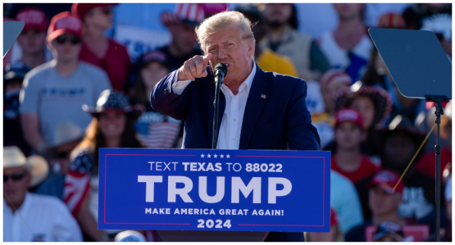 Former US President Donald Trump speaks during a 2024 election campaign rally in Waco, Texas, March 25, 2023. Trump held the rally at the site of the deadly 1993 standoff between an anti-government cult and federal agents. (Photo by SUZANNE CORDEIRO / AFP)