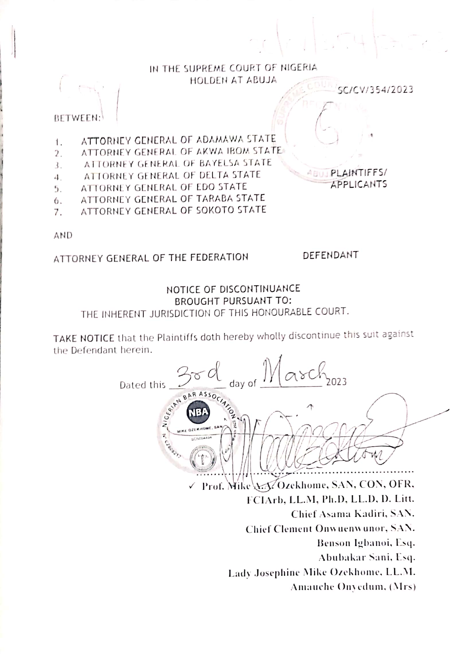 The Notice to discontinue with the suit
