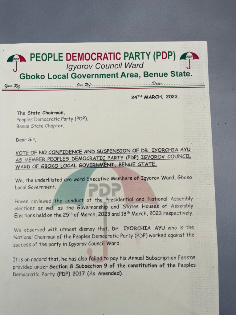Benue PDP Suspends Ayu Over Anti-Party Activities – Channels Television