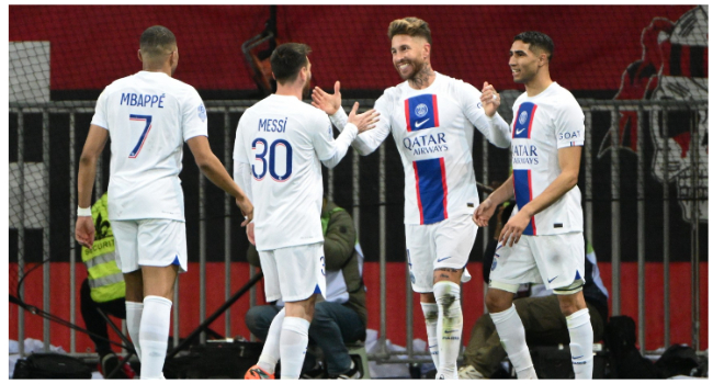 Paris Saint-Germain's Spanish defender Sergio Ramos (2ndR) celebrates with teammates after scoring a goal during the French L1 football match between Nice (OGCN) and Paris Saint-Germain (PSG) at the Allianz Riviera stadium in Nice, on April 8, 2023. (Photo by CHRISTOPHE SIMON / AFP)