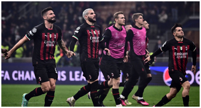 AC Milan's French forward Olivier Giroud (L), AC Milan's French defender Theo Hernandez (2ndL), AC Milan's Spanish midfielder Brahim Diaz (R) and teammates acknowledge the public at the end of the UEFA Champions League quarter-finals first leg football match between AC Milan and SSC Napoli on April 12, 2023 at the San Siro stadium in Milan. (Photo by Marco BERTORELLO / AFP)