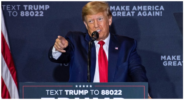 FILE PHOTO: Former US President Donald Trump speaks during a Make America Great Again rally in Manchester, New Hampshire, on April 27, 2023.  (Photo by Joseph Prezioso / AFP)
