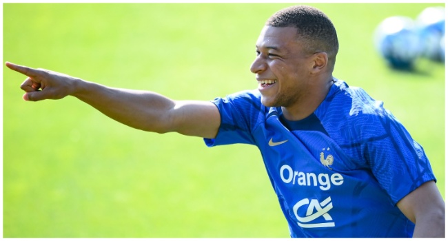 France's forward Kylian Mbappe reacts during a training session in Clairefontaine-en-Yvelines on June 13, 2023, as part of the team's preparations for the upcoming UEFA Euro 2024 football tournament qualifying matches. (Photo by FRANCK FIFE / AFP)