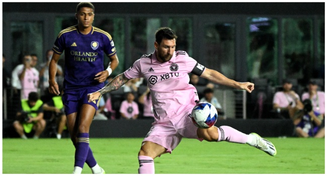FILE: Inter Miami's Argentine forward Lionel Messi shoots to score his team's first goal during the round of 32 Leagues Cup football match between Inter Miami CF and Orlando City SC at DRV PNK Stadium in Fort Lauderdale, Florida, on August 2, 2023. (Photo by GIORGIO VIERA / AFP)