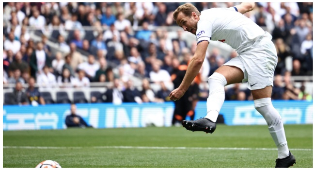 FILES: Tottenham Hotspur's English striker Harry Kane shoots to score his third goal during the pre-season friendly football match between Tottenham Hotspur and Shakhtar Donetsk at the Tottenham Hotspur Stadium, in London, on August 6, 2023. (Photo by HENRY NICHOLLS / AFP)