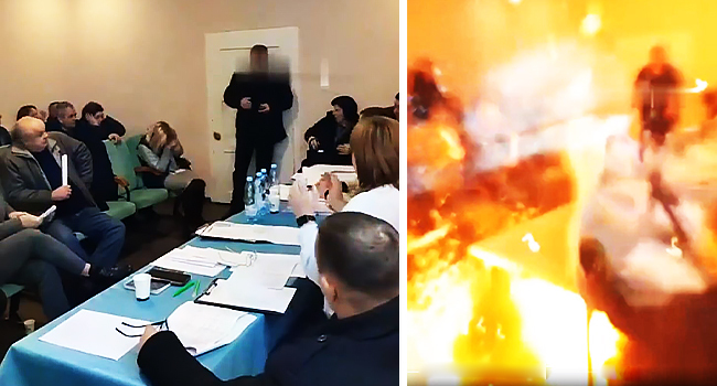 Combo image of theUkrainian village councillor setting off the hand grenades at a meeting that injured 26 persons