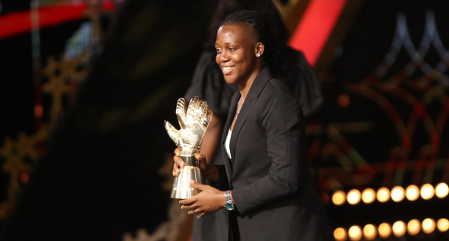 Photo of Chiamaka Nnadozie posing for pictures with her 2023 CAF Women's award 