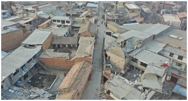 This aerial photo shows damage after an earthquake in Jishishan County, in northwest China’s Gansu province on December 19, 2023. (