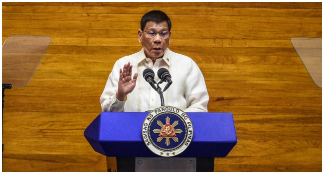 Then Philippine President Rodrigo Duterte speaks during the annual state of the nation address at the House of Representatives in Manila on July 26, 2023.