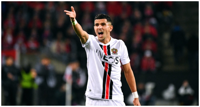 Algerian defender Youcef Atal reacts during the UEFA Europa Conference League Group D football match between FC Cologne and OGC Nice in Cologne, on November 3, 2022. Nice's Algerian player Youcef Atal is summoned to stand before