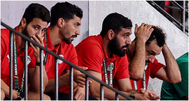 Egypt's forward #10 Mohamed Salah (R) reacts during the Africa Cup of Nations (CAN) 2024 group B football match between Cape Verde and Egypt at the Felix Houphouet-Boigny Stadium in Abidjan on January 22, 2024. 