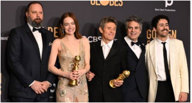 (From L) Greek director Yorgos Lanthimos, US actress Emma Stone, US actor Willem Dafoe, US actor Mark Ruffalo and US actor Ramy Youssef pose in the press room with the awards for Best Motion Picture - Musical or Comedy and Best Performance by a Female Actor in a Motion Picture - Drama for "Poor Things" during the 81st annual Golden Globe Awards at The Beverly Hilton hotel in Beverly Hills, California, on January 7, 2024.