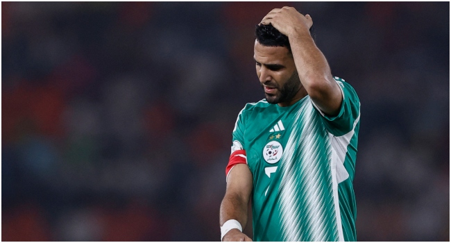 Algeria's forward #7 Riyad Mahrez reacts during the Africa Cup of Nations (CAN) 2024 group D football match between Mauritania and Algeria at Stade de la Paix in Bouake on January 23, 2024. 