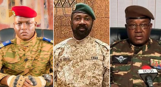 (L-R ) The leader of Burkina Faso, Ibrahim Traoré, Mali’s military leader Colonel Assimi Goita and Niger’s General Abdourahmane Tchiani.