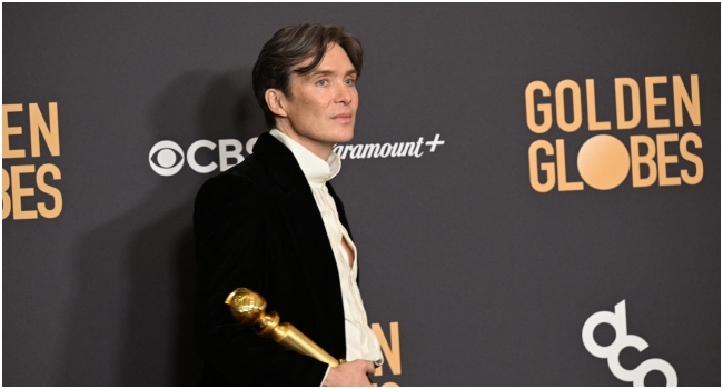 Irish actor Cillian Murphy poses in the press room with the award for Best Performance by a Male Actor in a Motion Picture - Drama for "Oppenheimer" during the 81st annual Golden Globe Awards at The Beverly Hilton hotel in Beverly Hills, California, on January 7, 2024.