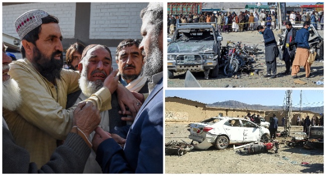 Relatives mourn the death of victims following a bomb blast outside the office of an independent candidate in Pishin district, around 50 kilometres (30 miles) from Quetta on February 7, 2024, on the eve of Pakistan's national elections. 