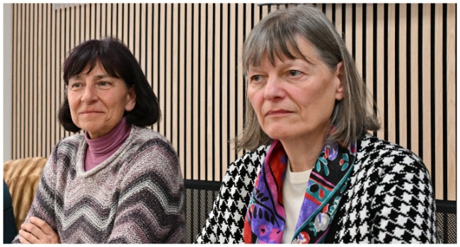 Gloria Branciani (L) and Mirjam Kovac, two former nuns who accused of sexual abuse Slovenian Marko Rupnik, a world-renowned cleric and mosaic artist, attend a press conference on February 21, 2024 at the headquarters of the Order of Italian Journalists, in Rome. (Photo by Andreas SOLARO / AFP)