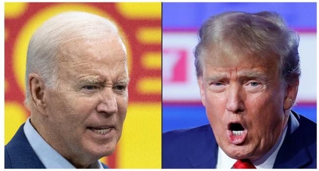 (COMBO) This combination of pictures created on March 06, 2024 shows US President Joe Biden in Albuquerque, New Mexico, on August 9, 2023 and former US President and 2024 Republican presidential hopeful Donald Trump in Des Moines, Iowa, on January 10, 2024. (Photo by Jim WATSON and KAMIL KRZACZYNSKI/AFP)
