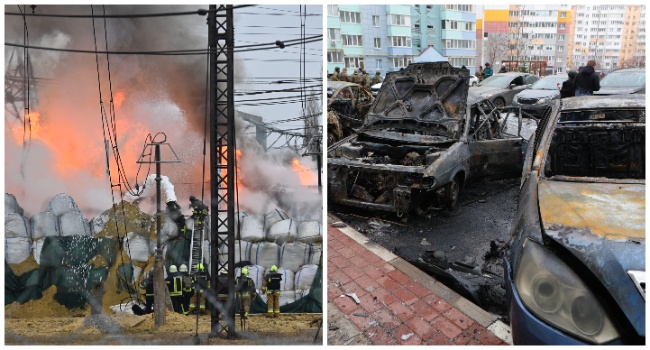 This collage shows firefighters extinguish a fire at an electrical substation after a missile attack in Kharkiv, on March 22, 2024, amid the Russian invasion in Ukraine; as well as burned-out cars are seen in a residential area of the city of Belgorod following fresh aerial attacks on (Photo by SERGEY BOBOK /STRINGER/ AFP)
