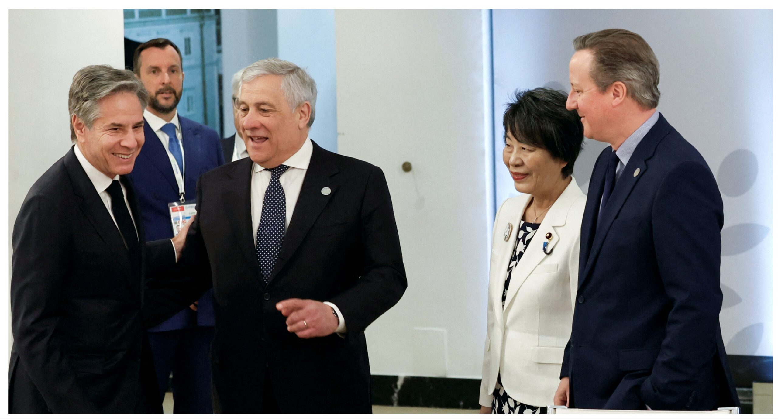 (From L) US Secretary of State Antony Blinken, Italian Foreign Minister Antonio Tajani, Japanese Foreign Minister Yoko Kamikawa and British Foreign Secretary David Cameron attend the G7 foreign ministers meeting on Capri island, on April 18, 2024. (Photo by Remo Casilli / POOL / AFP)